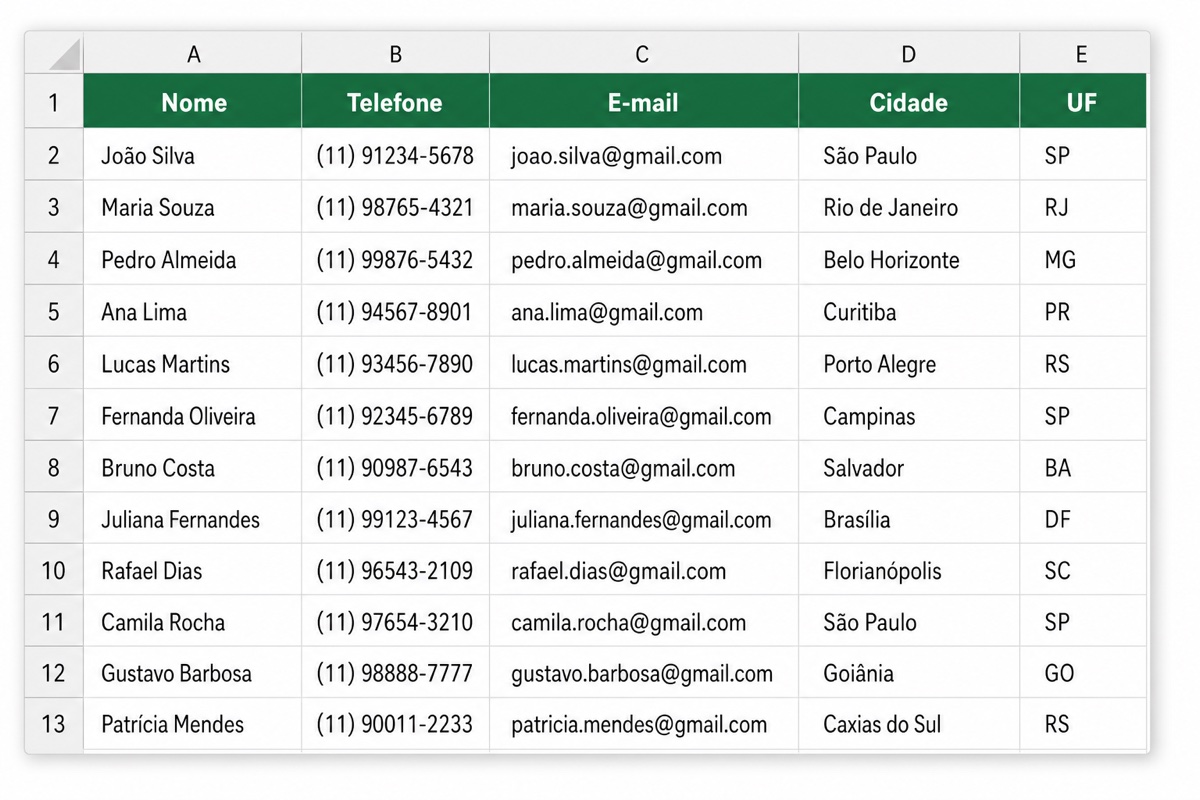 Exemplo de planilha de leads em Excel